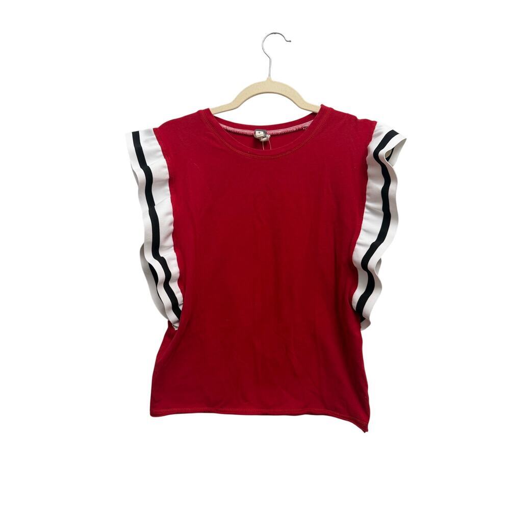 Free People Red Ruffle Sleeve Top Size S Striped Layered Cap Sleeve Boho Grunge